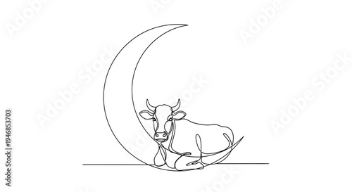 Cow resting on crescent moon, continuous line drawing, minimalist, symbolic, white background