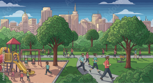City Park Scene with People Exercising and Children Playing on Playground
