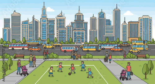 City park with families and children playing soccer, urban background with skyscrapers and traffic