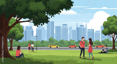 City park scene with people enjoying nature and urban skyline background