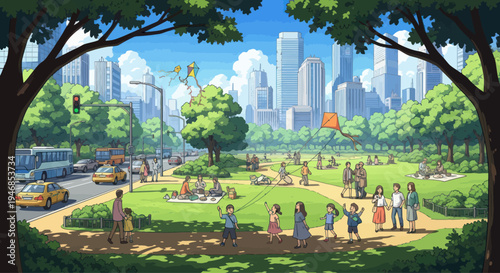 City Park Summer Day People Flying Kites Green Trees Buildings Traffic