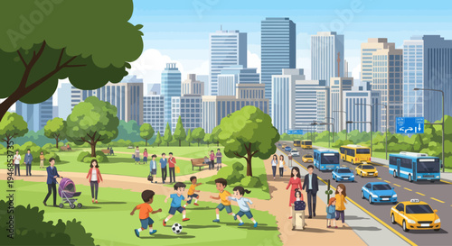 City park with people enjoying activities, overlooking urban skyline and busy street traffic.