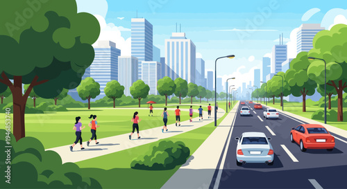 City park with people jogging and cars on road, modern skyline background