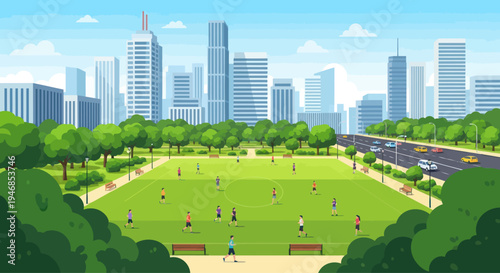 Urban park with people playing sports and city skyline background