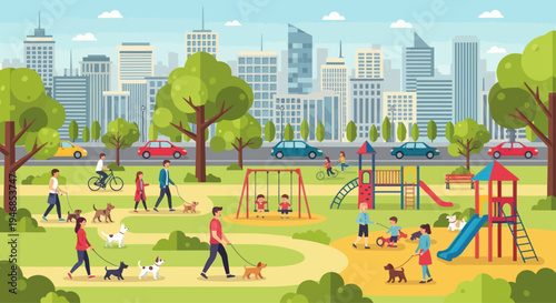 Urban park with people walking dogs, children playing on playground, cityscape background