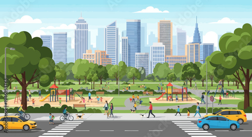 Vibrant City Park with Families, Playground, and Skyline