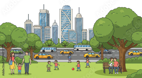 City park scene with families, children playing, and a modern cityscape background