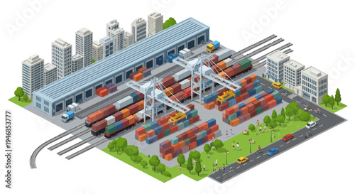 Isometric View of a Bustling Shipping Port with Cranes, Containers, Trains, and City Skyline