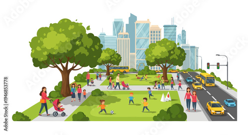 Vibrant City Park Life: Families Enjoying Green Space Amidst Modern Urban Landscape