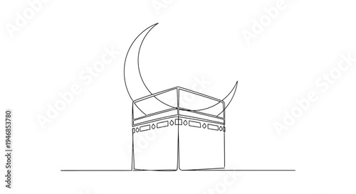 Islamic Kaaba and Crescent Moon Line Art - Minimalist Religious Symbol