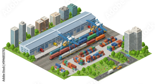 Isometric industrial freight train station with containers, cranes, buildings, and vehicles