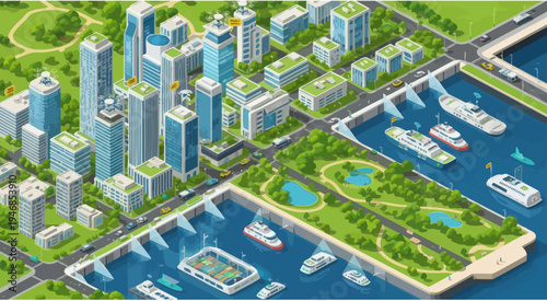 Isometric Cityscape with Modern Architecture, Green Spaces, and Waterfront Port