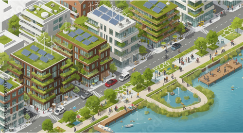 Eco-friendly city skyline with green buildings, solar panels, and people enjoying waterfront