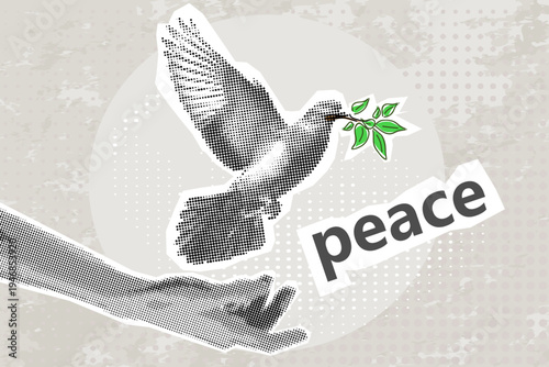 Trendy Halftone Collage releasing a dove with olive branch from hand to flight. Bird symbol of peace and freedom. Concept for logo, card, banner, poster