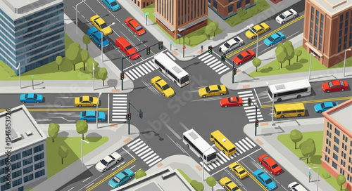 Bustling City Intersection with Cars and Pedestrians.