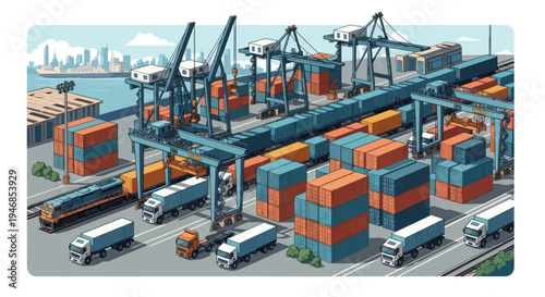 Container Ship Port Logistics Cargo Shipping Cranes Trucks and City Skyline