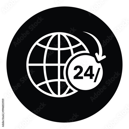 Icon of globe with 24 hours service symbol on black circle icon