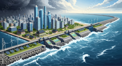 Futuristic Coastal City with Renewable Energy Infrastructure and Seawall