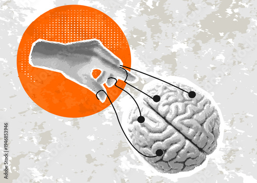 Trendy collage. Hand holding brain like puppet with strings on grey background. Concept of psychological manipulation, control, neuroscience, pharma influence and ethical awareness in society.