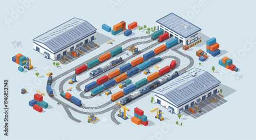 Isometric train yard with colorful cargo containers and warehouses, logistics hub.