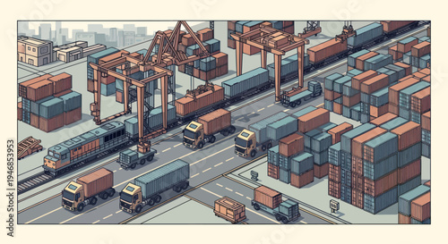 Isometric Industrial Port with Cargo Containers, Trucks, and Trains