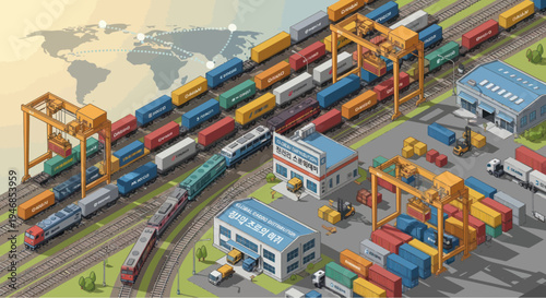 Isometric Logistics Hub: Trains, Cranes, Cargo Containers, and Warehouses
