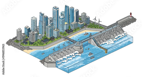 Modern City Skyline with Offshore Wind Turbines and Wave Energy Converter