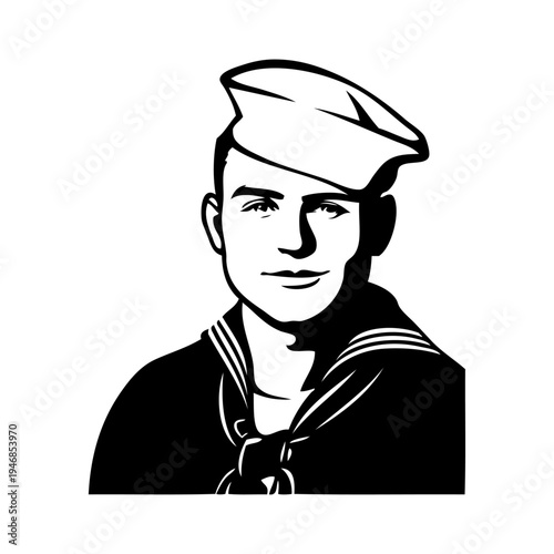 Dibujo con líneas del retrato de un hombre con sombrero y uniforme de marinero