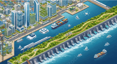 Isometric Cityscape with Hydroelectric Dam, Harbor, and Greenery