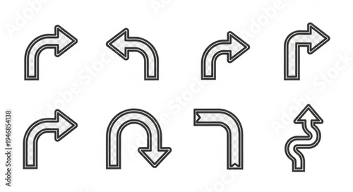 Set of Curved Arrows in Various Directions.