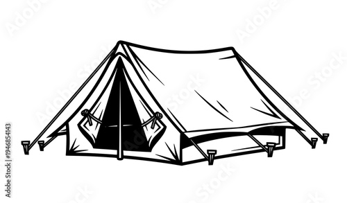 Monochrome camping tent side view vector outdoor adventure shelter line illustration
