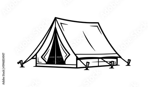 Black and white camping tent line art vector isolated outdoor adventure shelter illustration