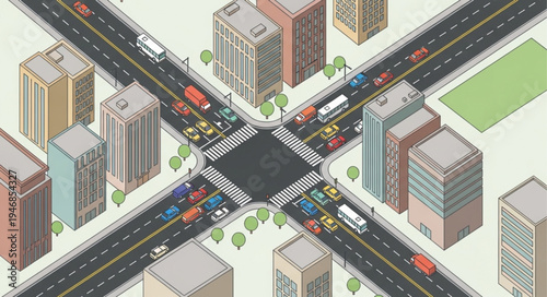 Isometric City Intersection with Traffic and Buildings.