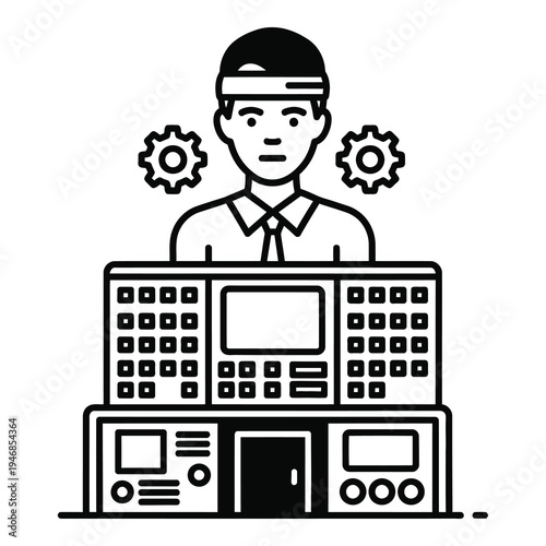 Man standing behind large computer equipment with gears  technology concept icon