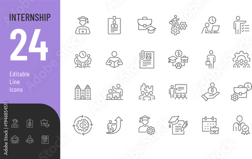Internship Line Editable Icons set. Vector illustration in modern thin style of business related icons: intern, human resources, carrier, and more. Isolated on transparent background.