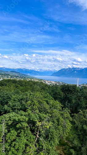 Panoramic View of a Lakeside City with Lush Forest and Distant Mountains