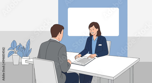 Business meeting: interviewer and candidate in office, discussing document, professional setting