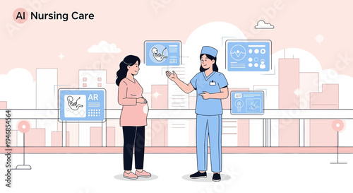 AI Nursing Care: Pregnant Woman Consults Doctor with Futuristic AR Medical Displays