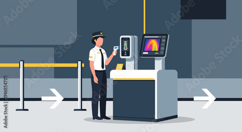 Airport security officer uses thermal scanner for passenger temperature check at checkpoint