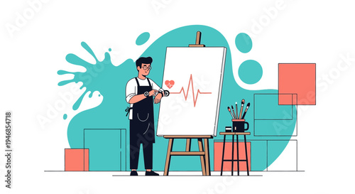 Artist checks smartwatch while painting heartbeat on canvas, creative lifestyle concept