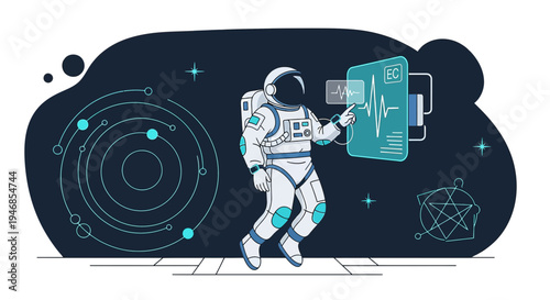 Astronaut exploring digital interface with futuristic technology and cosmic elements