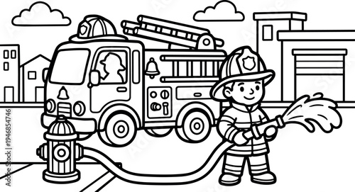 Black and white vector art of smiling firefighter spraying water from fire hose connected to hydrant near fire truck in town