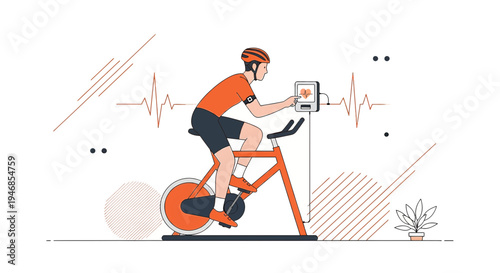 Athlete cycling on stationary bike with heart rate monitor, fitness and health concept