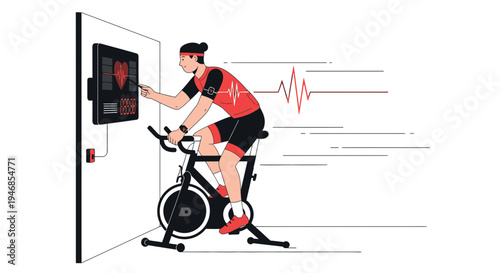 Athlete using smart exercise bike with heart rate monitor and digital display