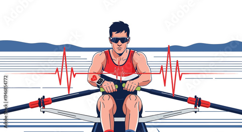 Athlete rowing with heart rate monitor, intense workout, focus, determination, sport concept