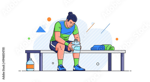 Athlete with Knee Injury Applying Ice Pack on Bench After Workout