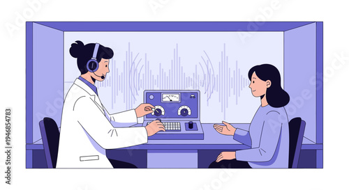 Audiologist performing hearing test on patient in soundproof booth with audiogram