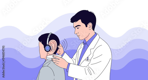Audiologist performing hearing test on patient with headphones, ear examination, medical checkup