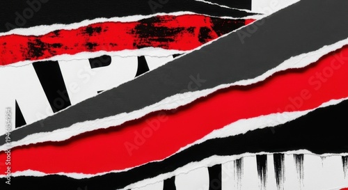 Torn paper abstract with red, black, and white