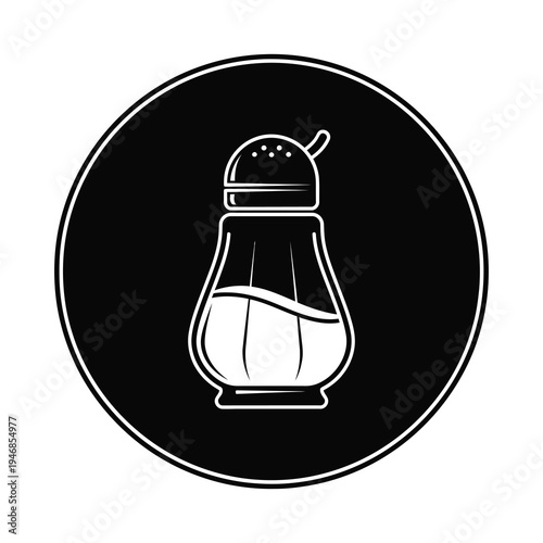 Salt shaker icon in white outline on black circle background icon